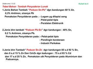 Solder.ems.1.2-22
Tebel Bahan Tambah Penyoderan Lunak
1.Jenis Bahan Tambah “Paduan Sn-Pb” dgn kandungan 60 % Sn,
0,3% Antimon, sisanya Pb
Pemakaian Penyolderan pada : - Logam yg dilapisi seng
- Pelat-pelat tipis
- Peralatan Elektronik
2.Jenis bhn tambah “Paduan Pb-Sn” dgn kandungan : 40% Sn,
0,2 % Antimon, sisanya Pb.
Pemakaian Penyolderan pada :- Pelat-pelat tipis
- Pendingin kendaraan
- Industri Perkakas
3.Jenis bhn Tambah” Paduan Sn-Zn dgn kandungan 85 s.d 92 % Sn,
dan 8 s.d 15 % Zn Dan Cd-Zn dgn kadungan : 75 s.d 83 % Cd
dan 17 s.d 25 % Zn, Pemakaian utk Penyolderan pada Aluminium dan
Paduannya.
Kuliah ke 4
 