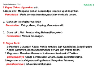 Pegas Tekan.ems.1.3-2
I. Pegas Tekan digunakan utk :
1.Guna utk : Mengatur Beban sesuai dgn tekanan yg di-inginkan
Pemakaian : Pada permesinan dan peralatan mekanis umum.
2. Guna utk : Mengatur Gerakan
Pemakaian : Katup, Rem , Kopling, Pencekam dll.
3. Guna utk : Alat Pembanding Beban (Pengukur)
Pemakaian : Neraca timbangan.
II. Pegas Tarik:
Berbentuk Gulungan Kawat Heliks tertutup dgn Konstruksi pengait pada
Kedua ujungnya, Bentuk penampang serupa dgn Pegas tekan.
1. Kegunaan Menahan Beban tarik dan memberi reaksi Tarikan
pemakaiannya : pada permesinan Umum, kunci peralatan listrik.
2.Kegunaan utk alat pembading Beban (Pengukur Tekanan)
pemakaiannya : pd Neraca timbangan.
Kuliah ke 5
 