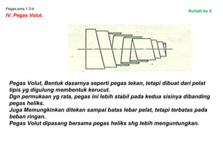 Pegas.ems.1.3-4
IV. Pegas Volut.
Pegas Volut, Bentuk dasarnya seperti pegas tekan, tetapi dibuat dari pelat
tipis yg digulung membentuk kerucut.
Dgn permukaan yg rata, pegas ini lebih stabil pada kedua sisinya dibanding
pegas heliks.
Juga Memungkinkan ditekan sampai batas lebar pelat, tetapi terbatas pada
beban ringan.
Pegas Volut dipasang bersama pegas heliks shg lebih menguntungkan.
Kuliah ke 5
 