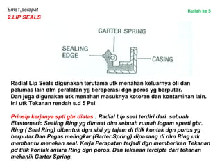 Ems1,perapat
2.LIP SEALS
Radial Lip Seals digunakan terutama utk menahan keluarnya oli dan
pelumas lain dlm peralatan yg beroperasi dgn poros yg berputar.
Dan juga digunakan utk menahan masuknya kotoran dan kontaminan lain.
Ini utk Tekanan rendah s.d 5 Psi
Prinsip kerjanya spti gbr diatas : Radial Lip seal terdiri dari sebuah
Elastomeric Sealing Ring yg dimuat dlm sebuah rumah logam sperti gbr.
Ring ( Seal Ring) dibentuk dgn sisi yg tajam di titik kontak dgn poros yg
berputar.Dan Pegas melingkar (Garter Spring) dipasang di dlm Ring utk
membantu menekan seal. Kerja Perapatan terjadi dgn memberikan Tekanan
pd titik kontak antara Ring dgn poros. Dan tekanan tercipta dari tekanan
mekanik Garter Spring.
Kuliah ke 5
 