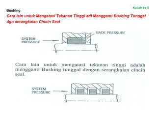 Bushing
Cara lain untuk Mengatasi Tekanan Tinggi adl Mengganti Bushing Tunggal
dgn serangkaian Cincin Seal
Kuliah ke 5
 