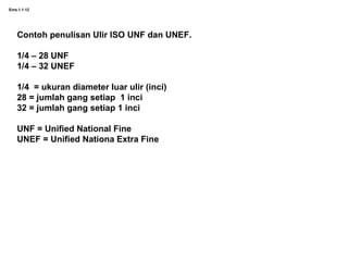 Ems.1.1-12
Contoh penulisan Ulir ISO UNF dan UNEF.
1/4 – 28 UNF
1/4 – 32 UNEF
1/4 = ukuran diameter luar ulir (inci)
28 = jumlah gang setiap 1 inci
32 = jumlah gang setiap 1 inci
UNF = Unified National Fine
UNEF = Unified Nationa Extra Fine
 
