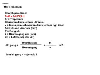 Ems.1.1-13
Ulir Trapesium
Contoh penulisan:
Tr40 x 14 (P7)LH
Tr = Trapesium
40 ukuran diameter luar ulir (mm)
x = tanda pemisah ukuran diameter luar dgn kisar
14 = Ukuran kisar ulir (mm)
P = Gang ulir
7 = Ukuran gang ulir (mm)
LH = Left Hand ( Ulir kiri)
Jlh gang = = = 2
Ukuran kisar
Ukuran gang
14
7
Jumlah gang = majemuk 2
 