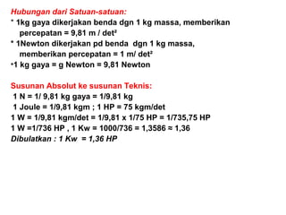 Hubungan dari Satuan-satuan:
* 1kg gaya dikerjakan benda dgn 1 kg massa, memberikan
percepatan = 9,81 m / det²
* 1Newton dikerjakan pd benda dgn 1 kg massa,
memberikan percepatan = 1 m/ det²
•1 kg gaya = g Newton = 9,81 Newton
Susunan Absolut ke susunan Teknis:
1 N = 1/ 9,81 kg gaya = 1/9,81 kg
1 Joule = 1/9,81 kgm ; 1 HP = 75 kgm/det
1 W = 1/9,81 kgm/det = 1/9,81 x 1/75 HP = 1/735,75 HP
1 W =1/736 HP , 1 Kw = 1000/736 = 1,3586 ≈ 1,36
Dibulatkan : 1 Kw = 1,36 HP
 