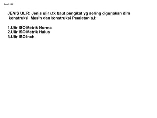 Ems.1.1-20
JENIS ULIR: Jenis ulir utk baut pengikat yg sering digunakan dlm
konstruksi Mesin dan konstruksi Peralatan a.l:
1.Ulir ISO Metrik Normal
2.Ulir ISO Metrik Halus
3.Ulir ISO Inch.
 