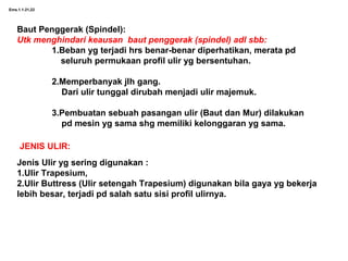 Ems.1.1-21,22
Baut Penggerak (Spindel):
Utk menghindari keausan baut penggerak (spindel) adl sbb:
1.Beban yg terjadi hrs benar-benar diperhatikan, merata pd
seluruh permukaan profil ulir yg bersentuhan.
2.Memperbanyak jlh gang.
Dari ulir tunggal dirubah menjadi ulir majemuk.
3.Pembuatan sebuah pasangan ulir (Baut dan Mur) dilakukan
pd mesin yg sama shg memiliki kelonggaran yg sama.
JENIS ULIR:
Jenis Ulir yg sering digunakan :
1.Ulir Trapesium,
2.Ulir Buttress (Ulir setengah Trapesium) digunakan bila gaya yg bekerja
lebih besar, terjadi pd salah satu sisi profil ulirnya.
 