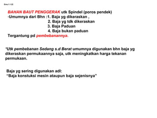 Ems.1.1-22
BAHAN BAUT PENGGERAK utk Spindel (poros pendek)
-Umumnya dari Bhn :1. Baja yg dikeraskan ,
2. Baja yg tdk dikeraskan
3. Baja Paduan
4. Baja bukan paduan
Tergantung pd pembebanannya.
*Utk pembebanan Sedang s.d Berat umumnya digunakan bhn baja yg
dikeraskan permukaannya saja, utk meningkatkan harga tekanan
permukaan.
Baja yg sering digunakan adl:
“Baja konstuksi mesin ataupun baja sejenisnya”
 