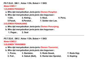 PS.T.ELK, SM.1 , Kelas 1 Elk, Bobot = 1 SKS
Materi EMS.1
1.ELEMEN PENGIKAT
a. Mhs dpt menyebutkan Jenis-jenis Elemen Pengikat,
b. Mhs dpt menyebutkan jenis-jenis dan kegunaan :
1.Ulir, 2. Keling , 3. Baut, 4. Pena,
5.Pasak, 6.Perekat , 7. Solder dan Las.
2.ELEMEN PENUNJANG
a. Mhs dpt menyebutkan Jenis-jenis Elemen Penunjang,
b. Mhs dpt menyebutkan jenis-jenis dan kegunaan :
1. Pegas , 2. Seal
PS.T.ELK, SM.2 , Kelas 1 Elk, Bobot = 1 SKS
Materi EMS.2
3.ELEMEN TRANSMISI
a. Mhs dpt menyebutkan Jenis-jenis Elemen Transmisi,
b. Mhs dpt menyebutkan jenis-jenis dan kegunaan :
1. Poros, 3. Bantalan, 5. Roda Gesek, 7. Roda Gigi,
2. Puli , 4. Sabuk (Belt), 6. Rantai dan Sproket, 8. Kopling
 