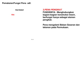 Pemakaian/Fungsi Pena adl:
PENA PENGIKAT
PENA
Ems.1-32
2.PENA PENGIKAT
FUNGSINYA : Menghubungkan
bagian-bagian konstruksi mesin,
berfungsi hanya sebagai elemen
pengikat.
Pena mengalami Beban Geseran dan
tekanan pada Permukaan.
 