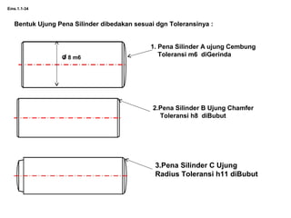 Ems.1.1-34
Bentuk Ujung Pena Silinder dibedakan sesuai dgn Toleransinya :
1. Pena Silinder A ujung Cembung
Toleransi m6 diGerindaO 8 m6
2.Pena Silinder B Ujung Chamfer
Toleransi h8 diBubut
3.Pena Silinder C Ujung
Radius Toleransi h11 diBubut
 