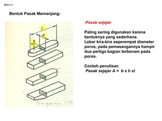Ems.1.1-
-Pasak sejajar
Paling sering digunakan karena
bentuknya yang sederhana.
Lebar kira-kira seperempat diameter
poros, pada pemasangannya hampir
dua pertiga bagian terbenam pada
poros.
Contoh penulisan
Pasak sejajar A = b x h xl
Bentuk Pasak Memanjang:
 