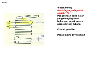 Ems.1.1-
-Pasak miring
Kemiringan pada pasak
adalah 1 %
Penggunaan pada ikatan
yang menginginkan
hubungan sesak antara
poros dengan lubang.
Contoh penulian:
Pasak miring B = b x h x l
 