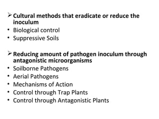 Cultural methods that eradicate or reduce the
inoculum
• Biological control
• Suppressive Soils
Reducing amount of pathogen inoculum through
antagonistic microorganisms
• Soilborne Pathogens
• Aerial Pathogens
• Mechanisms of Action
• Control through Trap Plants
• Control through Antagonistic Plants
 
