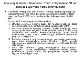 Apa yang dimaksud Gambaran Umum Pelayanan SKPD dan
data apa saja yang harus dikumpulkan?
• Gambaran tentang data dan informasi tentang tantangan pencapaian
indikator kinerja yang harus dicapai dan yang telah dicapai berdasar
tugas dan fungsi SKPD, serta hambatan dan dukungan yang dimikili
SKPD
• Data dan informasi yang harus dikumpulkan:
1. Struktur organisasi beserta tugas dan fungsinya sebagai dasar
untuk melihat dan menentukan lingkup kewenangan SKPD,
2. Data dan informasi tentang tuntutan capaian kinerja yg harus
dicapai pada level kab/kota, level provinsi, level nasional yang
diwajibkan dari RPJMN, Kemeterian/lembaga terkait untuk
menentukan target kinerja SKPD sebagai pemandu perumusan
program dan kegiatan
3. Data dan informasi yang menggambarkan pencapaian-pencapaian
yang telah dilaksanakan dalam Renstra - SKPD periode
sebelumnya sebagai titik tolak perencanaan target kinerja Renstra
selanjutnya
4. Data dan informasi yang menunjukkan aspirasi-aspirasi
masyarakat terkait pemenuhan kebutuhan barang publik,
pemenuhan layanan publik, dan penyusunan regulasi dalam
lingkup kewenangan SKPD.
 