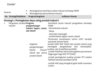 Sasaran
• Meningkatnya Kontribusi sektor industri terhadap PDRB
• Meningkatnya pertumbuhan Industri
No. Strategi/Kebijakan Program/kegiatan Indikator Kinerja
Strategi 1: Peningkatan daya saing produk industri
1. Penguatan struktur
industri
Program
pengembangan
industri logam, mesin,
dan tekstil
Kontribusi sector industri pengolahan terhadap
PDRB
Pertumbuhan industri
-Besar
-Kecil dan menengah
Jumlah klaster logam, mesin, tekstil
Persentase kemampuan sentra ILMT menjadi
pemasok industri besar
- Kegiatan
pengembangan
klaster industri
tekstil dan sentra
produk tekstil
Jumlah SDM IKM Tekstil dan produk tekstil yang
meningkat pengetahuan dan ketrampilan.
kualitas. dan kreatifitasnya (IKM)
Jumlah Pelatihan teknis pencegahan pencemaran
lingkungan bagi IKM TPT (IKM)
Jumlah peningkatan kualitas produk TPT melalui
fasilitasi bantuan peralatan (KUB
Jumlah IKM yang mengikuti gelar batik nusantara
( IKM )
Contoh”
 