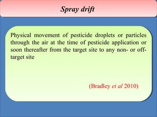 SSpprraayy ddrriifftt 
Physical movement of pesticide droplets or particles 
through the air at the time of pesticide application or 
soon thereafter from the target site to any non- or off-target 
Physical movement of pesticide droplets or particles 
through the air at the time of pesticide application or 
soon thereafter from the target site to any non- or off-target 
site 
(Bradley et al 2010) 
site 
(Bradley et al 2010) 
 