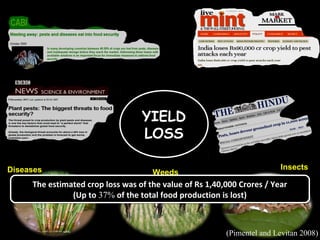 YIELD 
LOSS 
YIELD 
LOSS 
Diseases Weeds Insects 
The estimated crop loss was of the value of Rs 1,40,000 Crores / Year 
The estimated crop loss was of the value of Rs 1,40,000 Crores / Year 
(Up to 37% of the total food production is lost) 
(Up to 37% of the total food production is lost) 
(Pimentel and Levitan 2008) 
 