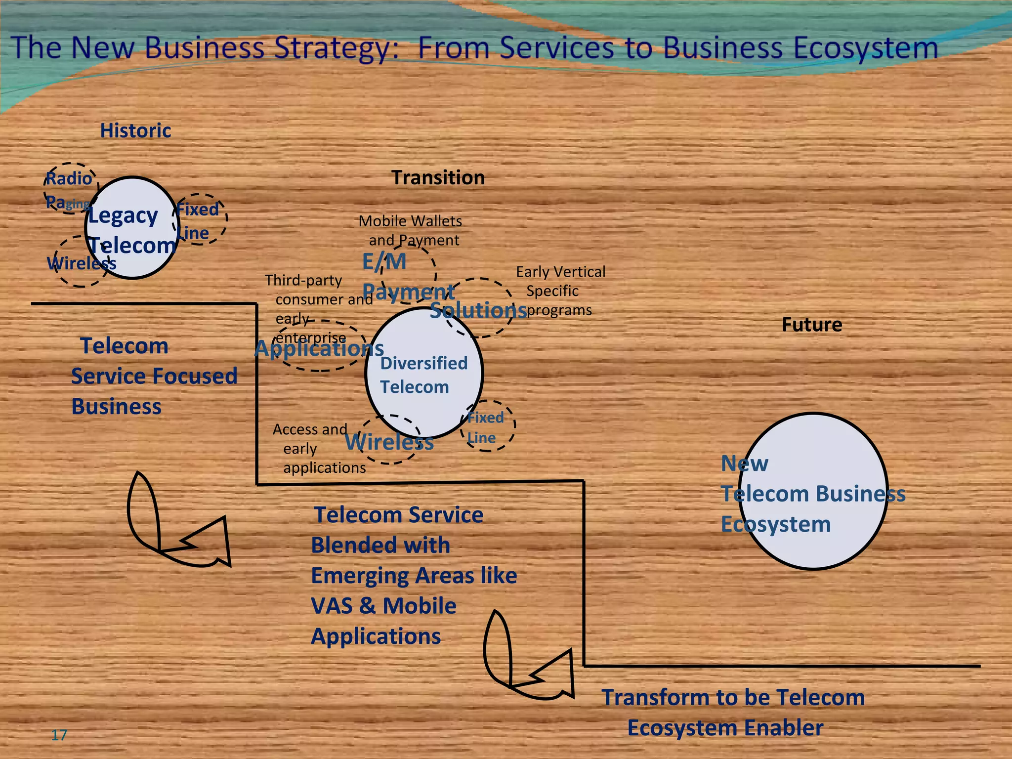 Legacy  Telecom Fixed  Line Wireless Diversified Telecom Solutions Wireless Applications E/M  Payment New Telecom Business Ecosystem Telecom Service Focused Business  Telecom Service Blended with Emerging Areas like VAS & Mobile Applications  Transform to be Telecom Ecosystem Enabler Early Vertical Specific programs Mobile Wallets and Payment Third-party consumer and early enterprise  Access and early applications  Historic Transition Future Radio  Pa ging Fixed  Line 