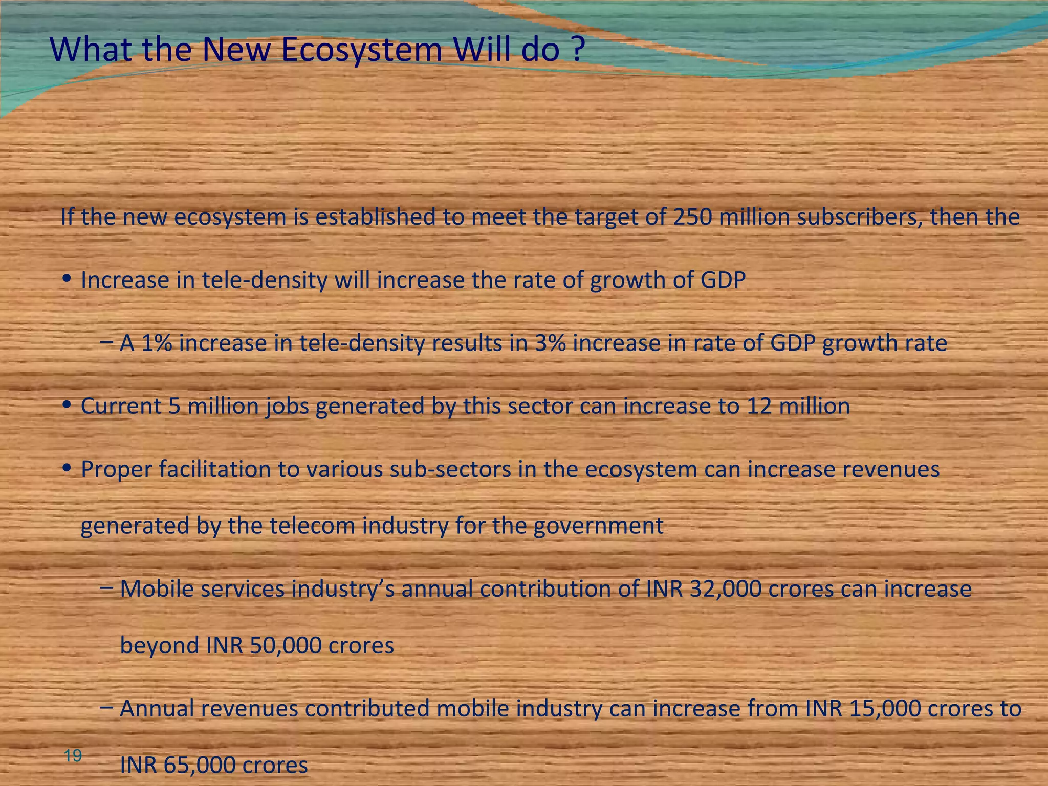 What the New Ecosystem Will do ? If the new ecosystem is established to meet the target of 250 million subscribers, then the Increase in tele-density will increase the rate of growth of GDP A 1% increase in tele-density results in 3% increase in rate of GDP growth rate Current 5 million jobs generated by this sector can increase to 12 million Proper facilitation to various sub-sectors in the ecosystem can increase revenues generated by the telecom industry for the government  Mobile services industry’s annual contribution of INR 32,000 crores can increase beyond INR 50,000 crores  Annual revenues contributed mobile industry can increase from INR 15,000 crores to INR 65,000 crores  