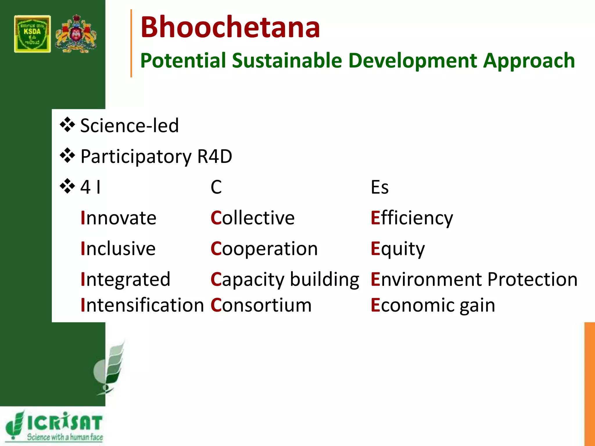 Bhoochetana 
Potential Sustainable Development Approach 
 Science-led 
 Participatory R4D 
 4 I C Es 
Innovate Collective Efficiency 
Inclusive Cooperation Equity 
Integrated Capacity building Environment Protection 
Intensification Consortium Economic gain 
 