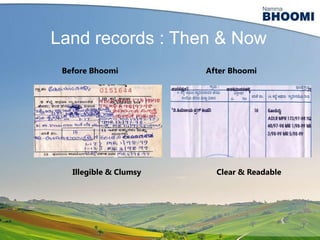 Land records : Then & Now
Before Bhoomi

Illegible & Clumsy

After Bhoomi

Clear & Readable

6

 
