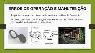 10
• Tragédia começa com Limpeza da tubulação. – Erro de Operação.
• As seis camadas de Proteção existentes na indústria falharam,
devido a falhas humanas e mecânicas.
ERROS DE OPERAÇÃO E MANUTENÇÃO
 