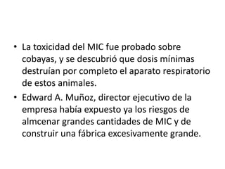 • La toxicidad del MIC fue probado sobre
  cobayas, y se descubrió que dosis mínimas
  destruían por completo el aparato respiratorio
  de estos animales.
• Edward A. Muñoz, director ejecutivo de la
  empresa había expuesto ya los riesgos de
  almcenar grandes cantidades de MIC y de
  construir una fábrica excesivamente grande.
 