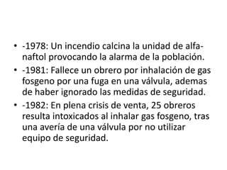 • -1978: Un incendio calcina la unidad de alfa-
  naftol provocando la alarma de la población.
• -1981: Fallece un obrero por inhalación de gas
  fosgeno por una fuga en una válvula, ademas
  de haber ignorado las medidas de seguridad.
• -1982: En plena crisis de venta, 25 obreros
  resulta intoxicados al inhalar gas fosgeno, tras
  una avería de una válvula por no utilizar
  equipo de seguridad.
 