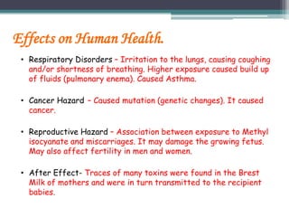 Effects on Human Health.
• Respiratory Disorders – Irritation to the lungs, causing coughing
and/or shortness of breathing...