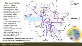 Transportation
• The NH12 and NH86
intersect each other at
Bhopal connecting Jaipur,
Jabalpur, Raisen and Dewas.
• Bhopal is a transit point to
travel between Indore,
Hoshangabad, Sehore,
Raisen , Kolar, Vidisha and
Sanchi.
• Roads could not be developed
due to topographicaL
configurations and site
conditions are
• Road from village Chunabhatti
to Bhadbhada
• Road from Asha Niketan to the
proposed Ring Road along
Bhopal-Itarsi Railway line.
10% annum growth in vehicular traffic over the last
decade, of which 80% are 2wheelersWalk 44%
BHOPAL : TRANSPORTATION STUDY 9
 