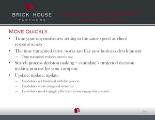 Fresh Ideas & Simple Truths for Finding
                                                Great talent…That Fit


Move quickly.
• Tune your responsiveness setting to the same speed as client
  responsiveness
• The time transpired curve works just like new business development
   –   Time transpired reduces success rate
• Search process decision making = candidate’s projected decision
  making process for your company
• Update, update, update
   –   Candidates get frustrated with the process
   –   Candidates create imagined scenarios
   –   Candidates need to juggle effectively to stay engaged in a search




                                                                             19
 
