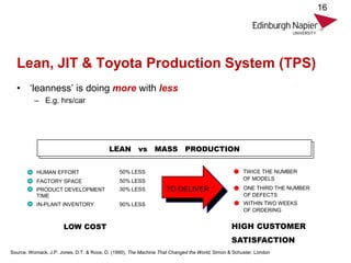 Lean, JIT & Toyota Production System (TPS)
• ‘leanness’ is doing more with less
– E.g. hrs/car
16
LOW COST HIGH CUSTOMER
SATISFACTION
TO DELIVER
TWICE THE NUMBER
OF MODELS
ONE THIRD THE NUMBER
OF DEFECTS
WITHIN TWO WEEKS
OF ORDERING
HUMAN EFFORT
FACTORY SPACE
PRODUCT DEVELOPMENT
TIME
50% LESS
50% LESS
30% LESS
90% LESSIN-PLANT INVENTORY
LEAN vs MASS PRODUCTION
Source: Womack, J.P. Jones, D.T. & Roos, D. (1990), The Machine That Changed the World, Simon & Schuster, London
 