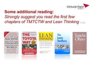 Some additional reading:
Strongly suggest you read the first few
chapters of TMTCTW and Lean Thinking ….
 