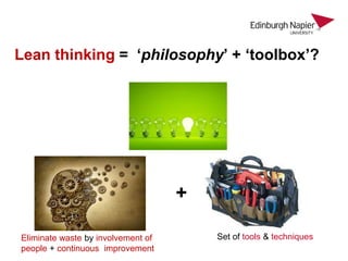 Lean thinking = ‘philosophy’ + ‘toolbox’?
+
Set of tools & techniquesEliminate waste by involvement of
people + continuous improvement
 