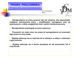PRAWA  PRACOWNIKA Prawo do wynagrodzenia Wynagrodzenie za pracę powinno być tak ustalone, aby odpowiadało rodzajowi wykonywanej pracy i kwalifikacjom wymaganym przy jej wykonywaniu, a także uwzględniało ilość i jakość świadczonej pracy Wynagrodzenie przysługuje za pracę wykonaną Pracownik nie może zrzec się prawa do wynagrodzenia ani przenieść tego prawa na inną osobę Wypłaty dokonuje się co najmniej raz w miesiącu, w stałym i ustalonym z góry terminie Wypłaty dokonuje się w formie pieniężnej do rąk pracownika lub w innej formie Art. 212 Kodeksu Pracy 