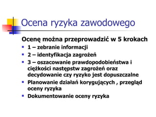Ocena ryzyka zawodowego Ocenę można przeprowadzić w 5 krokach 1 – zebranie informacji 2 – identyfikacja zagrożeń 3 – oszacowanie prawdopodobieństwa i ciężkości następstw zagrożeń oraz decydowanie czy ryzyko jest dopuszczalne Planowanie działań korygujących , przegląd oceny ryzyka Dokumentowanie oceny ryzyka 