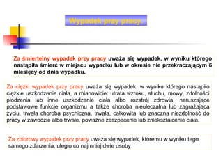Wypadek przy pracy. Za śmiertelny wypadek przy pracy  uważa się wypadek, w wyniku którego nastąpiła śmierć w miejscu wypadku lub w okresie nie przekraczającym 6 miesięcy od dnia wypadku. Za ciężki wypadek przy pracy  uważa się wypadek, w wyniku którego nastąpiło ciężkie uszkodzenie ciała, a mianowicie: utrata wzroku, słuchu, mowy, zdolności płodzenia lub inne uszkodzenie ciała albo rozstrój zdrowia, naruszające podstawowe funkcje organizmu a także choroba nieuleczalna lub zagrażająca życiu, trwała choroba psychiczna, trwała, całkowita lub znaczna niezdolność do pracy w zawodzie albo trwałe, poważne zeszpecenie lub zniekształcenie ciała. Za zbiorowy wypadek przy pracy  uważa się wypadek, któremu w wyniku tego samego zdarzenia, uległo co najmniej dwie osoby 