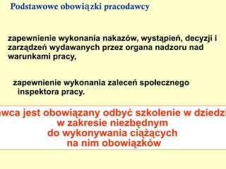 Szkolenia BHP Instruktaż stanowiskowy przeprowadza osoba: kierująca pracownikami (kierownik ,mistrz brygadzista),  