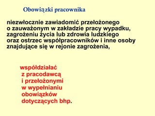 zastosować odpowiednie środki zapobiegające podobnym wypadkom niezwłocznie zawiadomić właściwego   inspektora pracy i prokuratora   o śmiertelnym, ciężkim lub zbiorowym wypadku przy pracy oraz o każdym wypadku, który wywołał wymienione skutki, mającym związek z pracą, jeżeli może być uznany za wypadek przy pracy systematycznie analizować przyczyny wypadków przy pracy   i na podstawie wyników tych analiz  stosować właściwe środki zapobiegawcze zapewnić udzielenie   pierwszej pomocy osobom poszkodowanym podjąć działania eliminujące lub ograniczające zagrożenie nie później niż w ciągu  14 dni  od momentu uzyskania zawiadomienia o wypadku, zespół powypadkowy sporządza  protokół powypadkowy , z którego treścią jest obowiązany zapoznać poszkodowanego pracownika (członków rodziny w razie śmierci pracownika ) Pracodawca powinien zapewnić ustalenie okoliczności i przyczyn wypadku  (koszty z tym zawiązane ponosi pracodawca) Obowiązki pracodawcy w razie wypadku przy pracy   