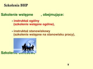 Szkolenia BHP nabycie umiejętności wykonywania pracy  w sposób bezpieczny dla siebie i innych osób  oraz postępowania w sytuacjach awaryjnych,  a także umiejętności udzielania pomocy osobom, które uległy wypadkom . poznanie przepisów i zasad bezpieczeństwa  i higieny pracy w zakresie niezbędnym  do wykonywania pracy na określonym stanowisku pracy oraz związanych z tym stanowiskiem obowiązków i odpowiedzialności w dziedzinie BHP , zaznajomienie się z zagrożeniami wypadkowymi  i chorobowymi związanymi z wykonywaną pracą , 