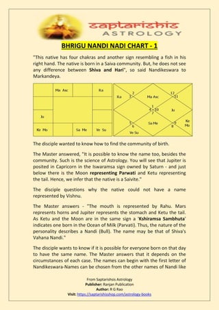 From Saptarishsis Astrology
Publisher: Ranjan Publication
Author: R G Rao
Visit: https://saptarishisshop.com/astrology-books
BHRIGU NANDI NADI CHART - 1
"This native has four chakras and another sign resembling a fish in his
right hand. The native is born in a Saiva community. But, he does not see
any difference between Shiva and Hari", so said Nandikeswara to
Markandeya.
The disciple wanted to know how to find the community of birth.
The Master answered, "It is possible to know the name too, besides the
community. Such is the science of Astrology. You will see that Jupiter is
posited in Capricorn in the Iswaramsa sign owned by Saturn - and just
below there is the Moon representing Parwati and Ketu representing
the tail. Hence, we infer that the native is a Saivite."
The disciple questions why the native could not have a name
represented by Vishnu.
The Master answers - "The mouth is represented by Rahu. Mars
represents horns and Jupiter represents the stomach and Ketu the tail.
As Ketu and the Moon are in the same sign a 'Kshiramsa Sambhuta'
indicates one born in the Ocean of Milk (Parvati). Thus, the nature of the
personality describes a Nandi (Bull). The name may be that of Shiva's
Vahana Nandi."
The disciple wants to know if it is possible for everyone born on that day
to have the same name. The Master answers that it depends on the
circumstances of each case. The names can begin with the first letter of
Nandikeswara-Names can be chosen from the other names of Nandi like
 