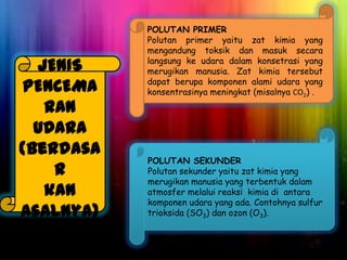 JENIS
PENCEMA
RAN
UDARA
(berdasa
r
kan
asalnya)

POLUTAN PRIMER
Polutan primer yaitu zat kimia yang
mengandung toksik dan masuk secara
langsung ke udara dalam konsetrasi yang
merugikan manusia. Zat kimia tersebut
dapat berupa komponen alami udara yang
konsentrasinya meningkat (misalnya CO2) .

POLUTAN SEKUNDER
Polutan sekunder yaitu zat kimia yang
merugikan manusia yang terbentuk dalam
atmosfer melalui reaksi kimia di antara
komponen udara yang ada. Contohnya sulfur
trioksida (SO3) dan ozon (O3).

 