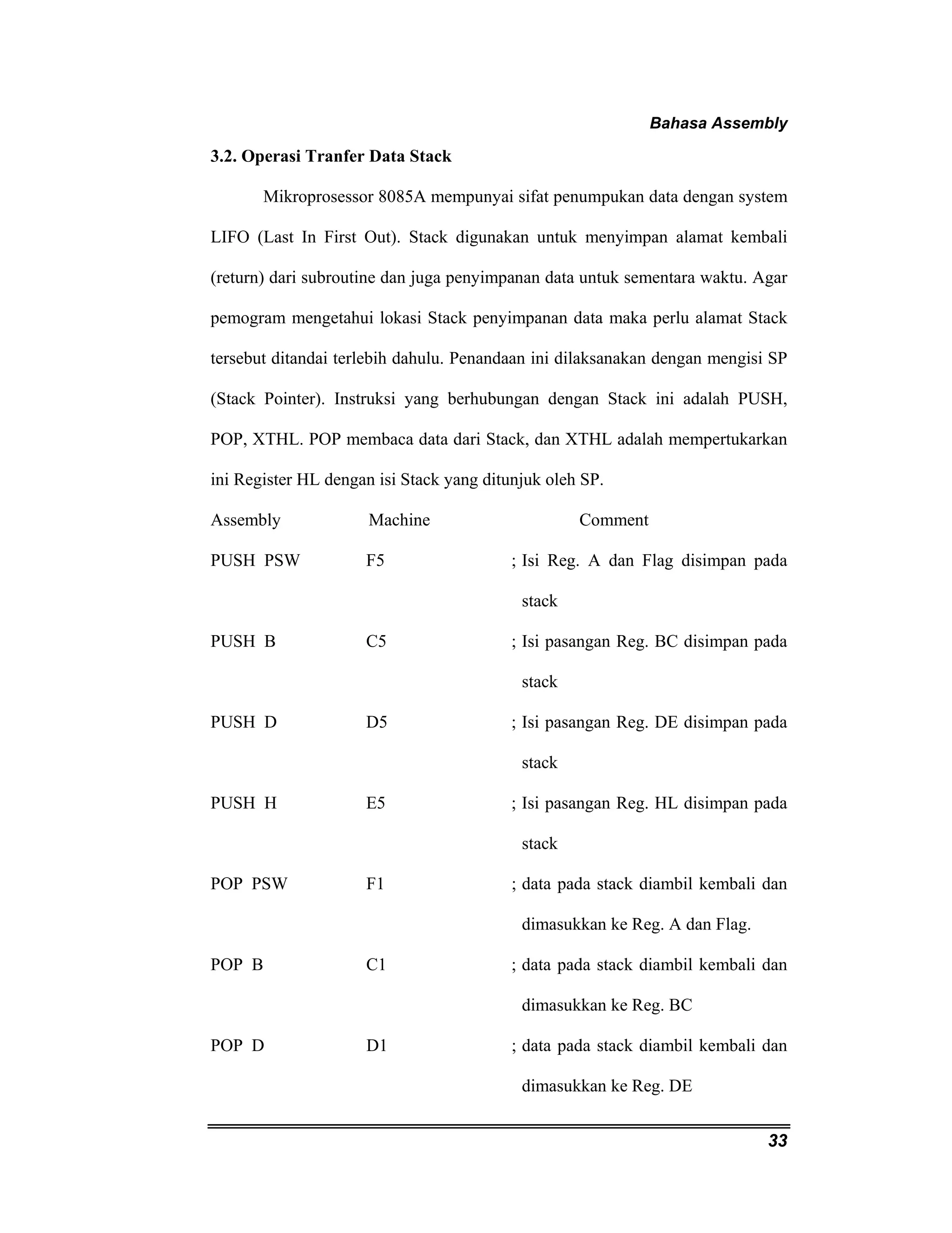 Bahasa Assembly 
33 
3.2. Operasi Tranfer Data Stack 
Mikroprosessor 8085A mempunyai sifat penumpukan data dengan system 
LIFO (Last In First Out). Stack digunakan untuk menyimpan alamat kembali 
(return) dari subroutine dan juga penyimpanan data untuk sementara waktu. Agar 
pemogram mengetahui lokasi Stack penyimpanan data maka perlu alamat Stack 
tersebut ditandai terlebih dahulu. Penandaan ini dilaksanakan dengan mengisi SP 
(Stack Pointer). Instruksi yang berhubungan dengan Stack ini adalah PUSH, 
POP, XTHL. POP membaca data dari Stack, dan XTHL adalah mempertukarkan 
ini Register HL dengan isi Stack yang ditunjuk oleh SP. 
Assembly Machine Comment 
PUSH PSW F5 ; Isi Reg. A dan Flag disimpan pada 
stack 
PUSH B C5 ; Isi pasangan Reg. BC disimpan pada 
stack 
PUSH D D5 ; Isi pasangan Reg. DE disimpan pada 
stack 
PUSH H E5 ; Isi pasangan Reg. HL disimpan pada 
stack 
POP PSW F1 ; data pada stack diambil kembali dan 
dimasukkan ke Reg. A dan Flag. 
POP B C1 ; data pada stack diambil kembali dan 
dimasukkan ke Reg. BC 
POP D D1 ; data pada stack diambil kembali dan 
dimasukkan ke Reg. DE 
 