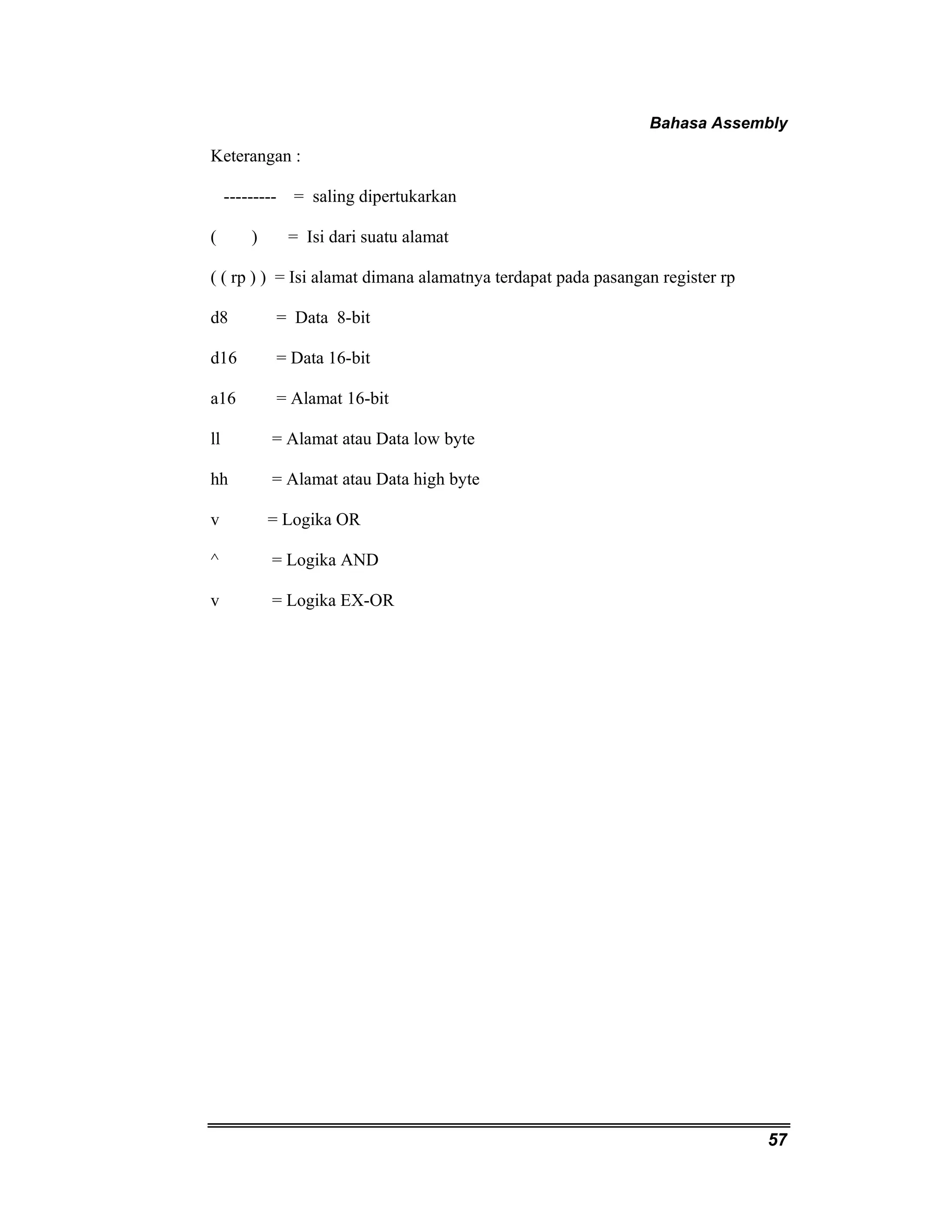 Bahasa Assembly 
57 
Keterangan : 
--------- = saling dipertukarkan 
( ) = Isi dari suatu alamat 
( ( rp ) ) = Isi alamat dimana alamatnya terdapat pada pasangan register rp 
d8 = Data 8-bit 
d16 = Data 16-bit 
a16 = Alamat 16-bit 
ll = Alamat atau Data low byte 
hh = Alamat atau Data high byte 
v = Logika OR 
^ = Logika AND 
v = Logika EX-OR 
 