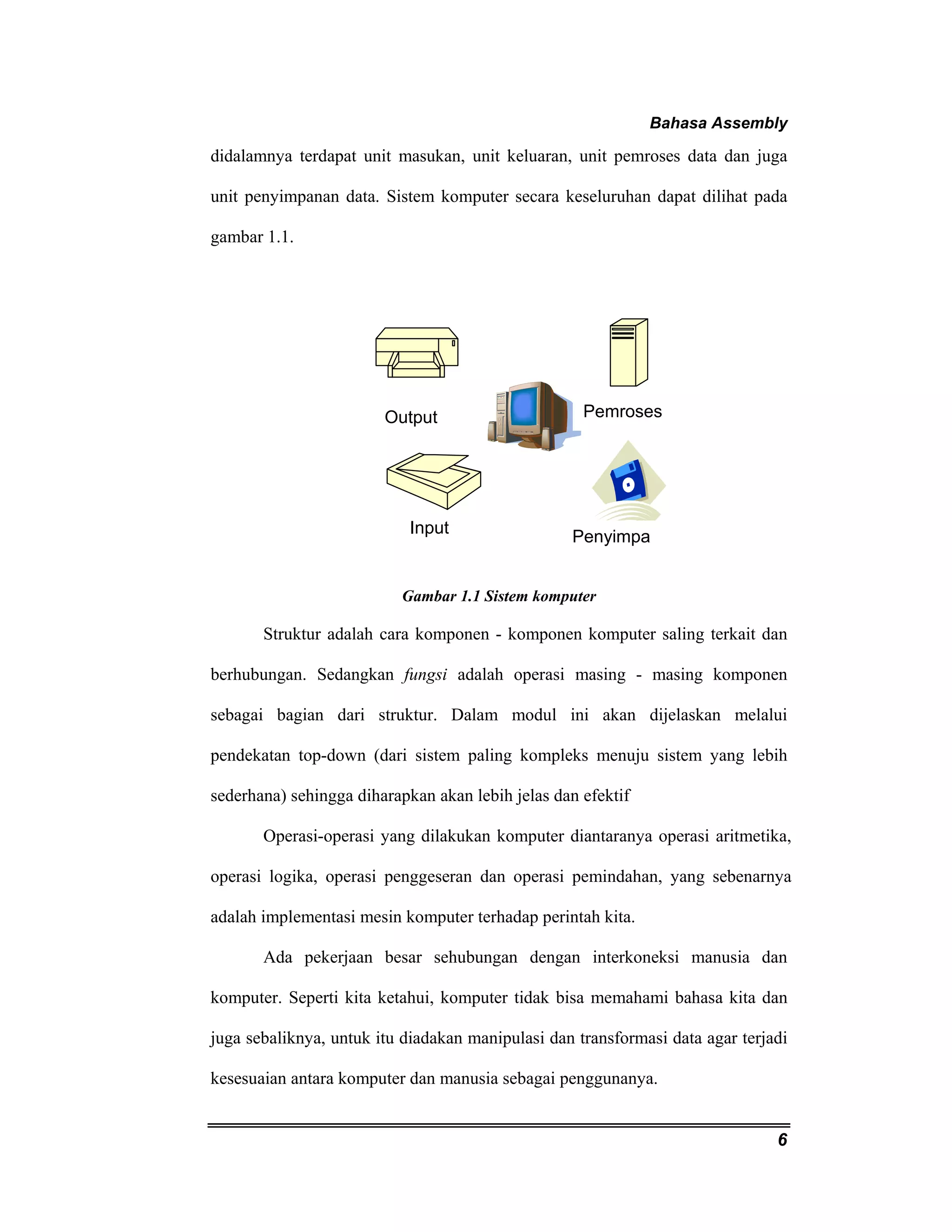 Bahasa Assembly 
didalamnya terdapat unit masukan, unit keluaran, unit pemroses data dan juga 
unit penyimpanan data. Sistem komputer secara keseluruhan dapat dilihat pada 
gambar 1.1. 
6 
Output Pemroses 
Input 
Penyimpa 
Gambar 1.1 Sistem komputer 
Struktur adalah cara komponen - komponen komputer saling terkait dan 
berhubungan. Sedangkan fungsi adalah operasi masing - masing komponen 
sebagai bagian dari struktur. Dalam modul ini akan dijelaskan melalui 
pendekatan top-down (dari sistem paling kompleks menuju sistem yang lebih 
sederhana) sehingga diharapkan akan lebih jelas dan efektif 
Operasi-operasi yang dilakukan komputer diantaranya operasi aritmetika, 
operasi logika, operasi penggeseran dan operasi pemindahan, yang sebenarnya 
adalah implementasi mesin komputer terhadap perintah kita. 
Ada pekerjaan besar sehubungan dengan interkoneksi manusia dan 
komputer. Seperti kita ketahui, komputer tidak bisa memahami bahasa kita dan 
juga sebaliknya, untuk itu diadakan manipulasi dan transformasi data agar terjadi 
kesesuaian antara komputer dan manusia sebagai penggunanya. 
 