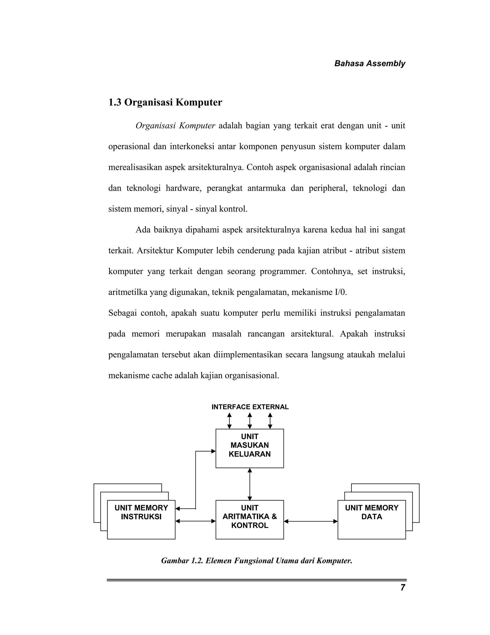 Bahasa Assembly 
7 
1.3 Organisasi Komputer 
Organisasi Komputer adalah bagian yang terkait erat dengan unit - unit 
operasional dan interkoneksi antar komponen penyusun sistem komputer dalam 
merealisasikan aspek arsitekturalnya. Contoh aspek organisasional adalah rincian 
dan teknologi hardware, perangkat antarmuka dan peripheral, teknologi dan 
sistem memori, sinyal - sinyal kontrol. 
Ada baiknya dipahami aspek arsitekturalnya karena kedua hal ini sangat 
terkait. Arsitektur Komputer lebih cenderung pada kajian atribut - atribut sistem 
komputer yang terkait dengan seorang programmer. Contohnya, set instruksi, 
aritmetilka yang digunakan, teknik pengalamatan, mekanisme I/0. 
Sebagai contoh, apakah suatu komputer perlu memiliki instruksi pengalamatan 
pada memori merupakan masalah rancangan arsitektural. Apakah instruksi 
pengalamatan tersebut akan diimplementasikan secara langsung ataukah melalui 
mekanisme cache adalah kajian organisasional. 
UNIT 
MASUKAN 
KELUARAN 
UNIT MEMORY 
INSTRUKSI 
UNIT 
ARITMATIKA & 
KONTROL 
UNIT MEMORY 
Gambar 1.2. Elemen Fungsional Utama dari Komputer. 
DATA 
INTERFACE EXTERNAL 
 