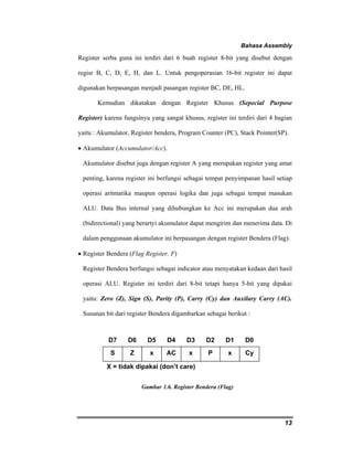 Bahasa Assembly 
Register serba guna ini terdiri dari 6 buah register 8-bit yang disebut dengan 
regisr B, C, D, E, H, dan L. Untuk pengoperasian 16-bit register ini dapat 
digunakan berpasangan menjadi pasangan register BC, DE, HL. 
Kemudian dikatakan dengan Register Khusus (Sepecial Purpose 
Register) karena fungsinya yang sangat khusus, register ini terdiri dari 4 bagian 
yaitu : Akumulator, Register bendera, Program Counter (PC), Stack Pointer(SP). 
• Akumulator (Accumulator/Acc). 
Akumulator disebut juga dengan register A yang merupakan register yang amat 
penting, karena register ini berfungsi sebagai tempat penyimpanan hasil setiap 
operasi aritmatika maupun operasi logika dan juga sebagai tempat masukan 
ALU. Data Bus internal yang dihubungkan ke Acc ini merupakan dua arah 
(bidirectional) yang berartyi akumulator dapat mengirim dan menerima data. Di 
dalam penggunaan akumulator ini berpasangan dengan register Bendera (Flag). 
• Register Bendera (Flag Register, F) 
Register Bendera berfungsi sebagai indicator atau menyatakan kedaan dari hasil 
operasi ALU. Register ini terdiri dari 8-bit tetapi hanya 5-bit yang dipakai 
yaitu: Zero (Z), Sign (S), Parity (P), Carry (Cy) dan Auxilary Carry (AC). 
Susunan bit dari register Bendera digambarkan sebagai berikut : 
13 
D7 D6 D5 D4 D3 D2 D1 D0 
S Z x AC x P x Cy 
X = tidak dipakai (don’t care) 
Gambar 1.6. Register Bendera (Flag) 
 