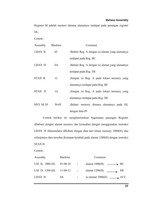 Bahasa Assembly 
Register M adalah memori dimana alamatnya terdapat pada pasangan register 
HL. 
Contoh : 
Assembly Machine Comment 
LDAX B 02 ;Bebani Reg. A dengan isi alamat yang alamatnya 
31 
terdapat pada Reg. BC 
LDAX D 0A ;Bebani Reg. A dengan isi alamat yang alamatnya 
terdapat pada Reg. DE 
STAX B 12 ;Simpan isi Reg. A pada lokasi memory yang 
alamatnya terdapat pada Reg. BC 
STAX D 1A ;Simpan isi Reg. A pada lokasi memory yang 
alamatnya terdapat pada Reg. DE 
MVI M, 05 36-05 ;Bebani memory dimana alamatnya pada HL 
dengan data 05 
Contoh berikut ini mengilustrasikan bagaimana pasangan Register 
dibebani dengan alamat memory dan kemudian dengan menggunakan instruksi 
LDAX B Akkumulator dibebani dengan data dari lokasi memory 1000(H), dan 
selanjutnya data tersebut disimpan kembali pada alamat 1200(H) dengan instruksi 
STAX D. 
Contoh : 
Assembly Machine Comment 
LXI B, 1000 (H) 01-00-10 ; alamat 1000(H) BC 
LXI D, 1200 (H) 11-00-12 ; alamat 1200(H) DE 
LDAX B 0A ; isi alamat 1000(H) ACC. 
 
