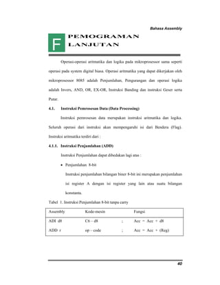 Bahasa Assembly 
40 
PEMOGRAMAN 
LANJUTAN 
F 
Operasi-operasi aritmatika dan logika pada mikroprosessor sama seperti 
operasi pada system digital biasa. Operasi aritmatika yang dapat dikerjakan oleh 
mikroprosessor 8085 adalah Penjumlahan, Pengurangan dan operasi logika 
adalah Invers, AND, OR, EX-OR, Instruksi Banding dan instruksi Geser serta 
Putar. 
4.1. Instruksi Pemrosesan Data (Data Processing) 
Instruksi pemrosesan data merupakan instruksi aritmatika dan logika. 
Seluruh operasi dari instruksi akan mempengaruhi isi dari Bendera (Flag). 
Instruksi aritmatika terdiri dari : 
4.1.1. Instruksi Penjumlahan (ADD) 
Instruksi Penjumlahan dapat dibedakan lagi atas : 
• Penjumlahan 8-bit 
Instruksi penjumlahan bilangan biner 8-bit ini merupakan penjumlahan 
isi register A dengan isi register yang lain atau suatu bilangan 
konstanta. 
Tabel 1. Instruksi Penjumlahan 8-bit tanpa carry 
Assembly Kode-mesin Fungsi 
ADI d8 C6 – d8 ; Acc = Acc + d8 
ADD r op – code ; Acc = Acc + (Reg) 
 