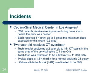 October 27, 2009 MDCH/RSS CON Seminar
14
Incidents
 Cedars-Sinai Medical Center in Los Angeles3
– 206 patients receive overexposure during brain scans
before the error was noticed
– Each received 3-4 gray, up to 8 times the maximum dose
expected for this exam (0.5 gray)
 Two year old receives CT overdose4
– Technologist subjected a 2 year old to 151 CT scans in the
same area of the cervical spine (C1 thru C4)
– Total dose was estimated to be 2,800 mSv – 11,000 mSv
– Typical dose is 1.5-4.0 mSv for a normal pediatric CT study
– Lifetime attributable risk (LAR) is estimated to be 39%
 
